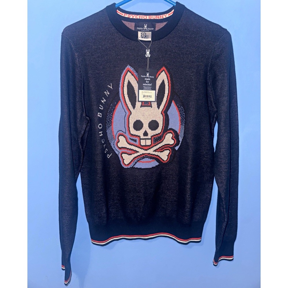Psycho Bunny Mens Norbury Navy Cotton Skull Bunny Sweater XS B6E120N1CO